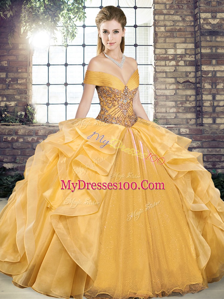 Pretty Beading and Ruffles Quinceanera Gown Gold Lace Up Sleeveless Floor Length