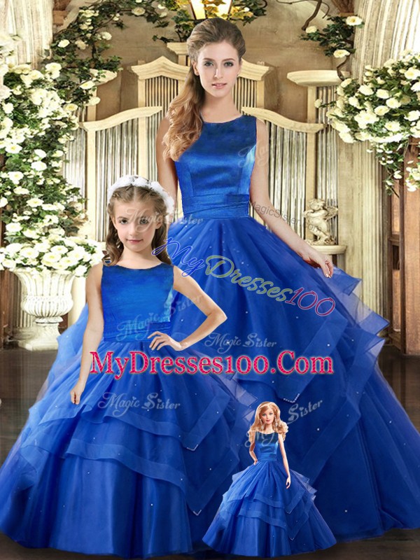 Royal Blue Lace Up Sweet 16 Quinceanera Dress Ruffled Layers Sleeveless Floor Length