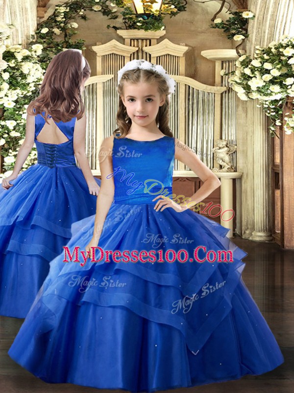 Royal Blue Lace Up Sweet 16 Quinceanera Dress Ruffled Layers Sleeveless Floor Length