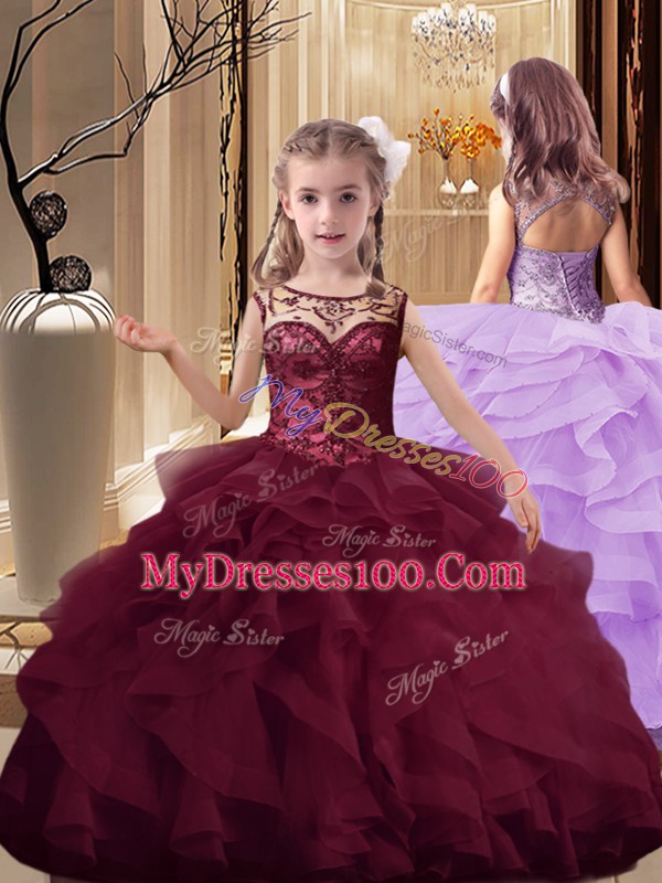 Scoop Sleeveless Organza Little Girls Pageant Dress Wholesale Beading and Ruffles Brush Train Lace Up