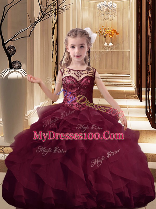 Scoop Sleeveless Organza Little Girls Pageant Dress Wholesale Beading and Ruffles Brush Train Lace Up