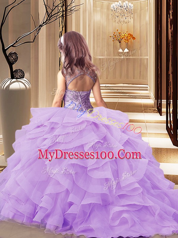Scoop Sleeveless Organza Little Girls Pageant Dress Wholesale Beading and Ruffles Brush Train Lace Up