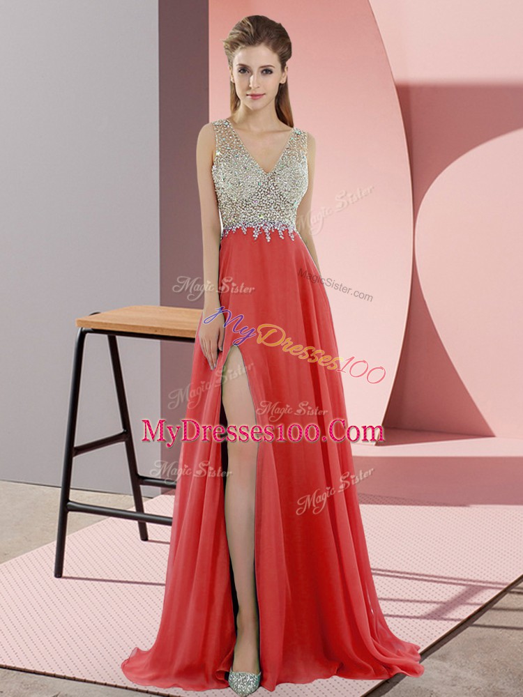 Coral Red Homecoming Dress V-neck Sleeveless Sweep Train Zipper