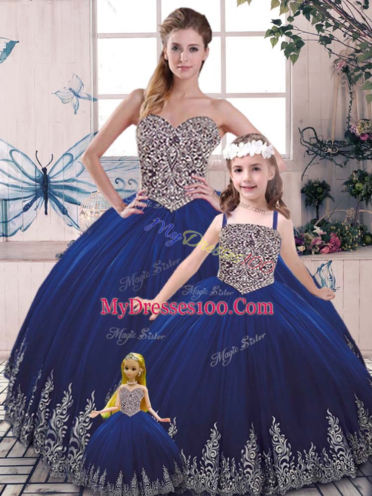 Scoop Sleeveless Lace Up Quinceanera Gowns Royal Blue Tulle