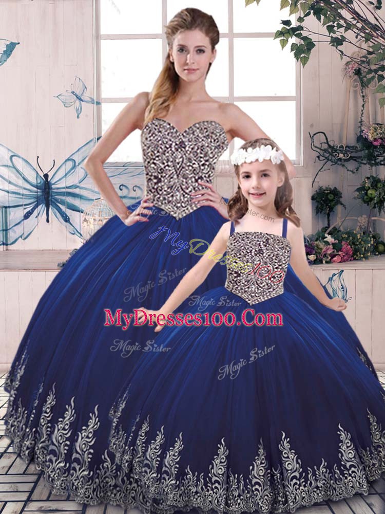 Scoop Sleeveless Lace Up Quinceanera Gowns Royal Blue Tulle