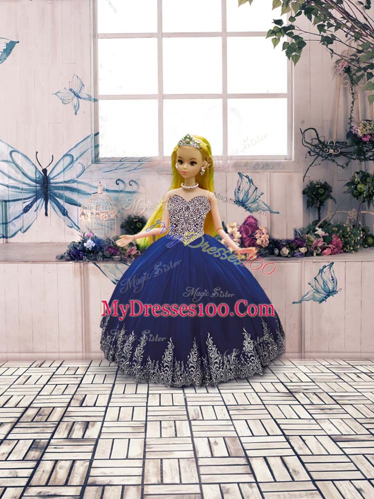 Scoop Sleeveless Lace Up Quinceanera Gowns Royal Blue Tulle