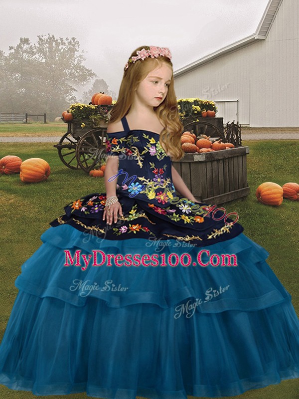Fashionable Embroidery and Ruffled Layers Kids Formal Wear Teal Lace Up Sleeveless Floor Length