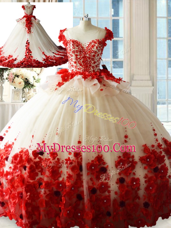 Adorable Scoop Sleeveless Wedding Party Dress Brush Train Hand Made Flower White And Red Tulle