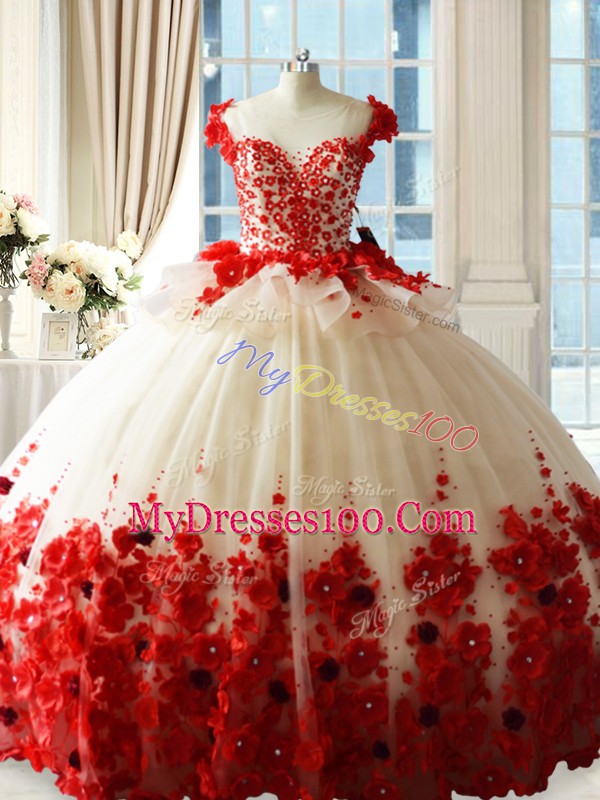 Adorable Scoop Sleeveless Wedding Party Dress Brush Train Hand Made Flower White And Red Tulle