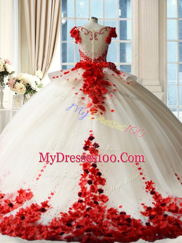 Adorable Scoop Sleeveless Wedding Party Dress Brush Train Hand Made Flower White And Red Tulle