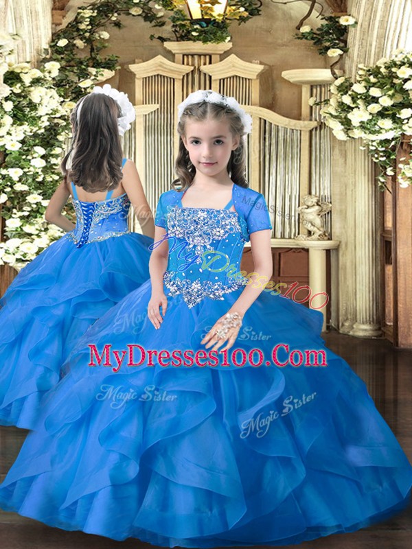Blue Pageant Gowns For Girls Military Ball and Wedding Party with Beading and Ruffles Straps Sleeveless Lace Up