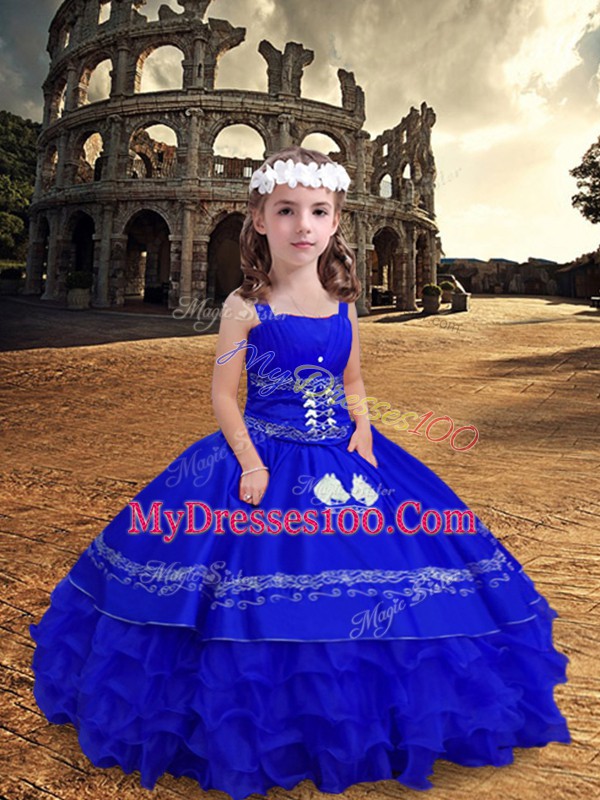 Sleeveless Floor Length Embroidery and Ruffled Layers Zipper Kids Formal Wear with Royal Blue