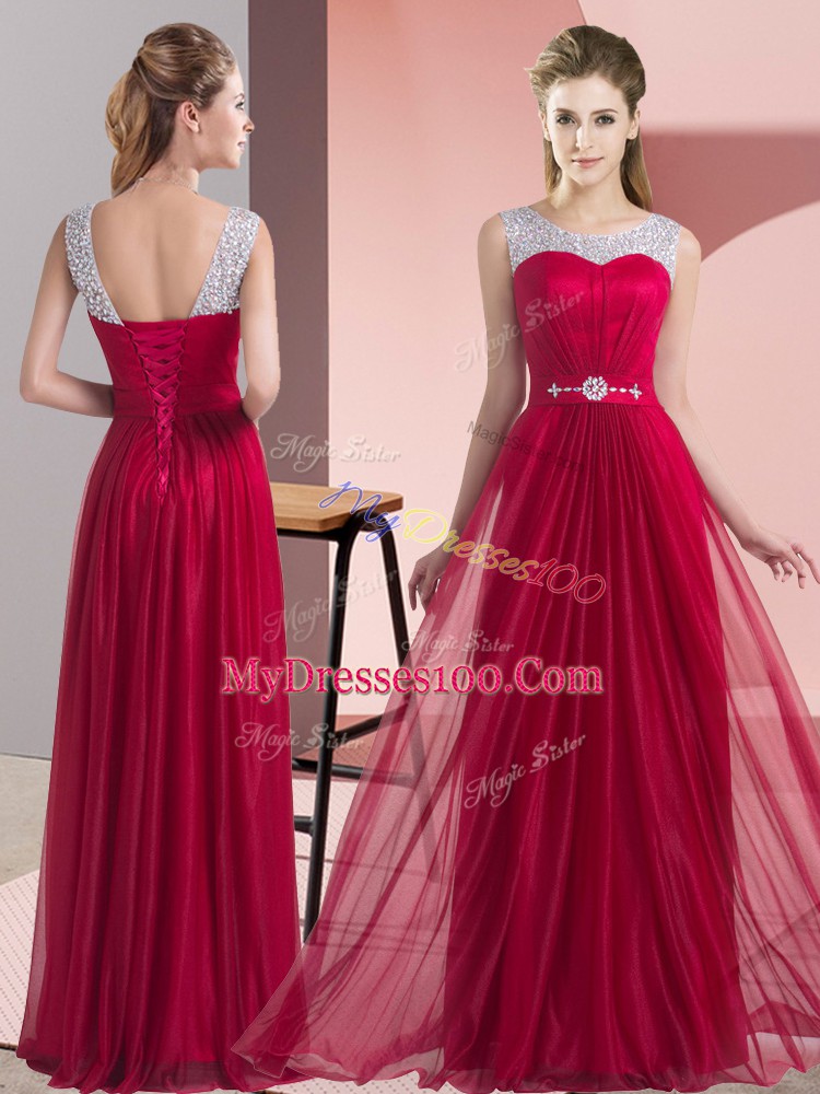 Wine Red Bridesmaid Gown Wedding Party with Beading and Belt Scoop Sleeveless Lace Up