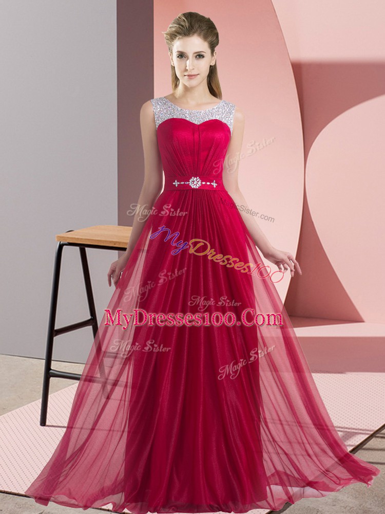 Wine Red Bridesmaid Gown Wedding Party with Beading and Belt Scoop Sleeveless Lace Up