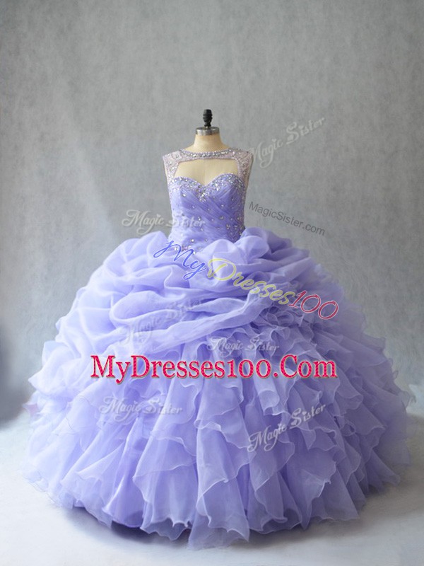Fitting Organza Sleeveless Sweet 16 Dresses Brush Train and Beading and Ruffles and Pick Ups