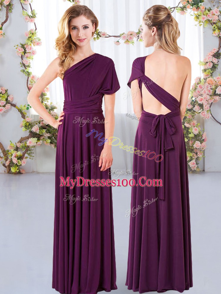 On Sale Dark Purple Sleeveless Floor Length Ruching Criss Cross Bridesmaid Dress