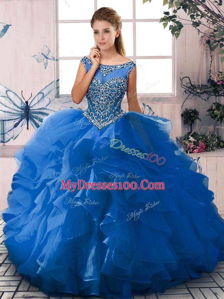 Designer Scoop Sleeveless Zipper Sweet 16 Dresses Blue Organza