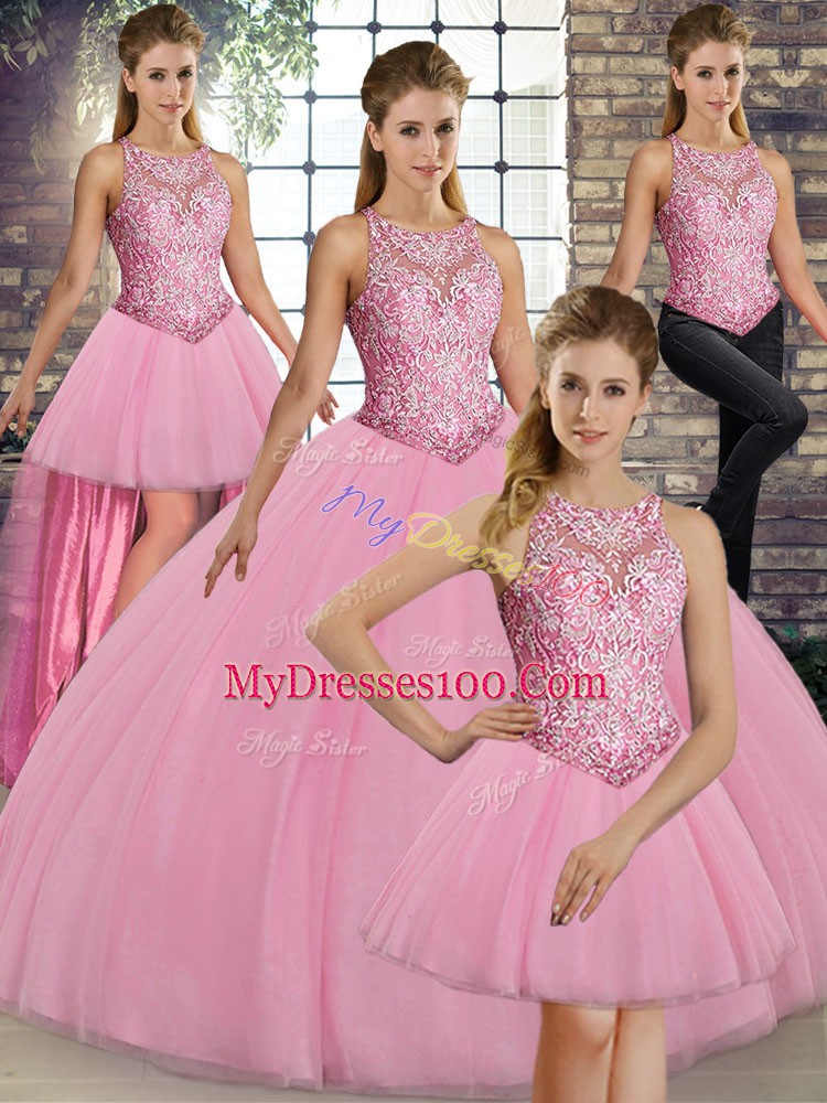 Top Selling Pink Tulle Lace Up Quince Ball Gowns Sleeveless Floor Length Embroidery