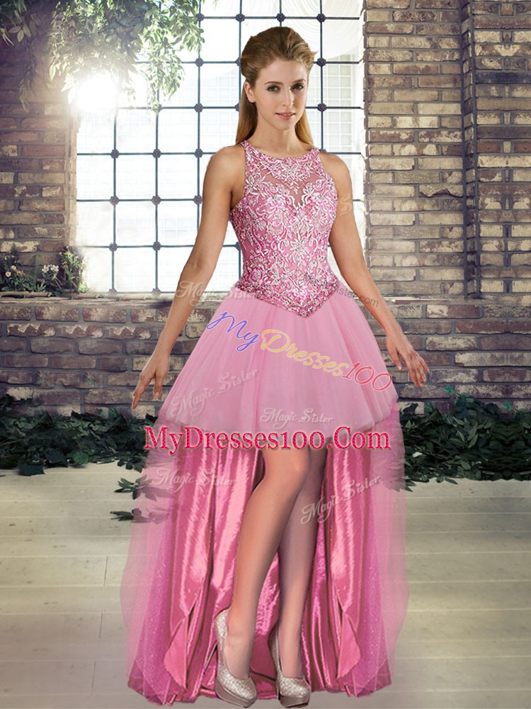 Top Selling Pink Tulle Lace Up Quince Ball Gowns Sleeveless Floor Length Embroidery
