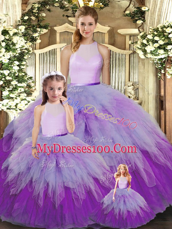 Multi-color Ball Gown Prom Dress Military Ball and Sweet 16 and Quinceanera with Ruffles High-neck Sleeveless Backless