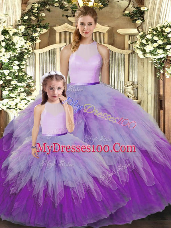 Multi-color Ball Gown Prom Dress Military Ball and Sweet 16 and Quinceanera with Ruffles High-neck Sleeveless Backless