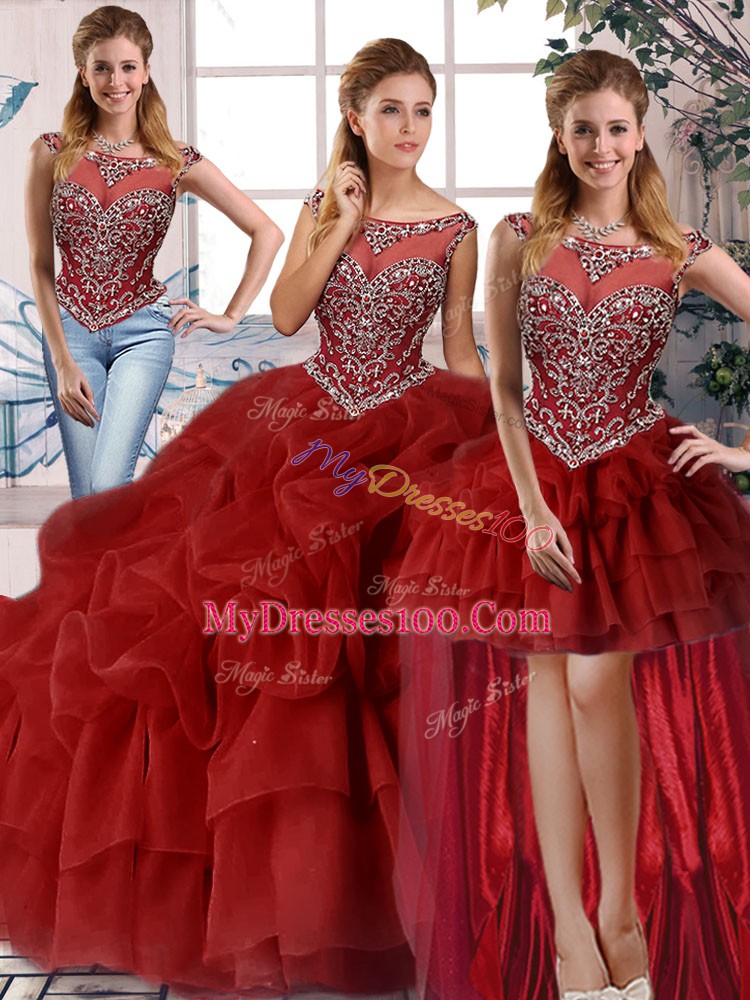 Most Popular Wine Red 15 Quinceanera Dress Organza Brush Train Sleeveless Beading and Pick Ups