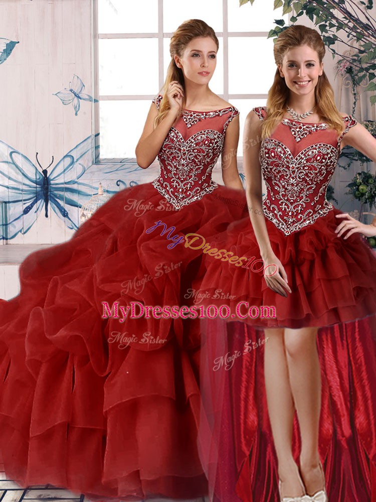 Most Popular Wine Red 15 Quinceanera Dress Organza Brush Train Sleeveless Beading and Pick Ups