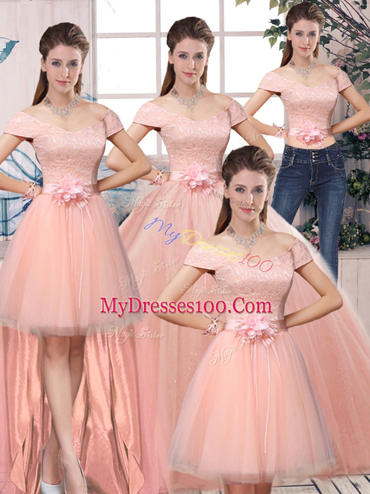 Off The Shoulder Short Sleeves Tulle Sweet 16 Dresses Lace and Hand Made Flower Lace Up
