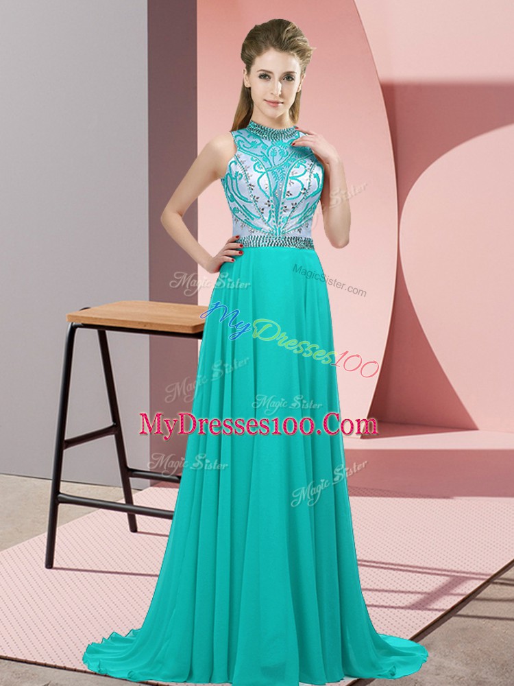 Empire Sleeveless Turquoise Brush Train Backless