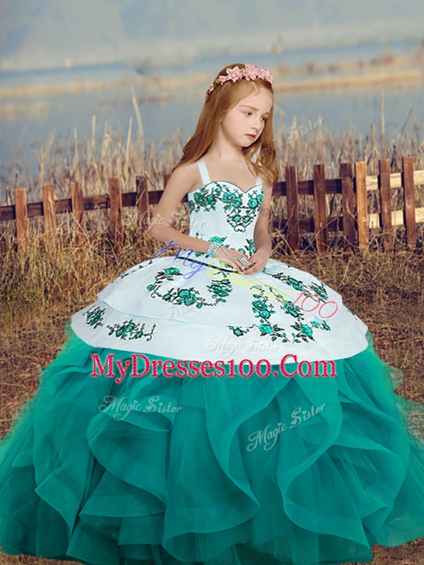 Floor Length Empire Sleeveless Teal Little Girls Pageant Gowns Lace Up