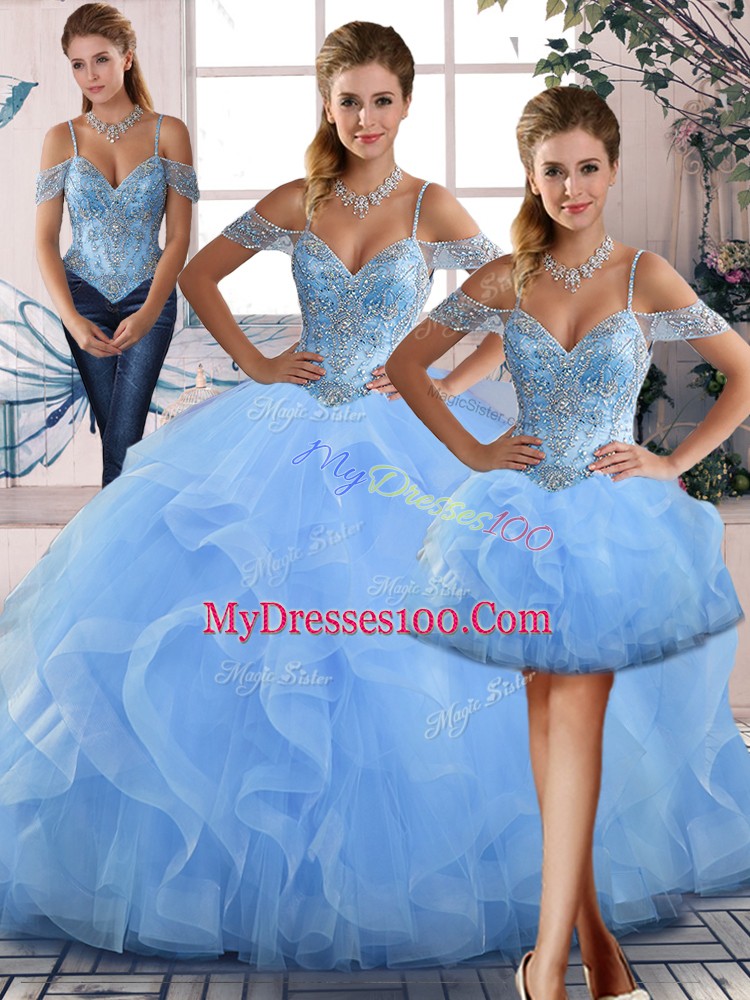 Blue Three Pieces Tulle Off The Shoulder Sleeveless Beading and Ruffles Floor Length Lace Up Quinceanera Dresses