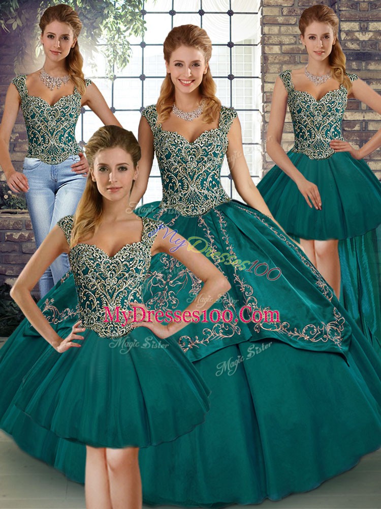 Straps Sleeveless Lace Up Ball Gown Prom Dress Teal Tulle
