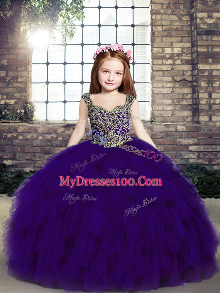 Modern Straps Sleeveless Lace Up Little Girls Pageant Gowns Purple Tulle