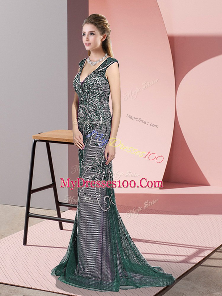 Peacock Green Military Ball Dresses For Women V-neck Sleeveless Sweep Train Zipper