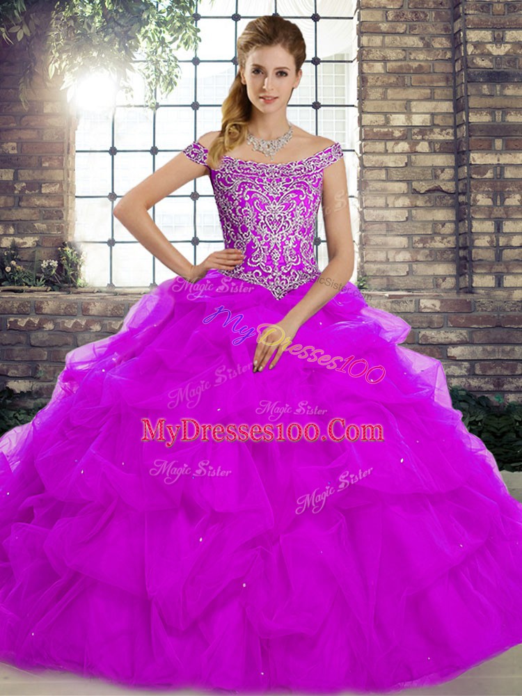 Best Selling Tulle Off The Shoulder Sleeveless Brush Train Lace Up Beading and Pick Ups Sweet 16 Dresses in Purple