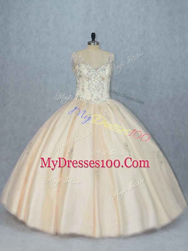 Floor Length Ball Gowns Sleeveless Champagne Sweet 16 Quinceanera Dress Lace Up