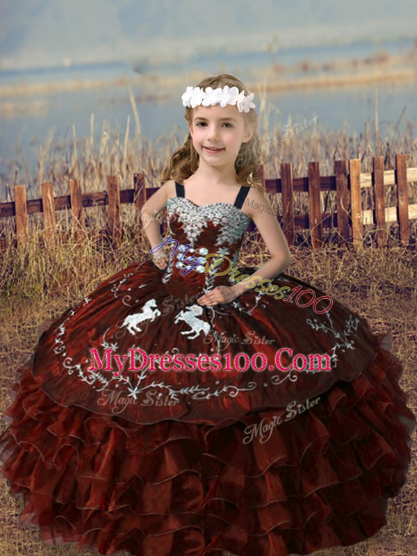Rust Red Little Girl Pageant Dress Wedding Party with Embroidery and Ruffled Layers Straps Sleeveless Lace Up