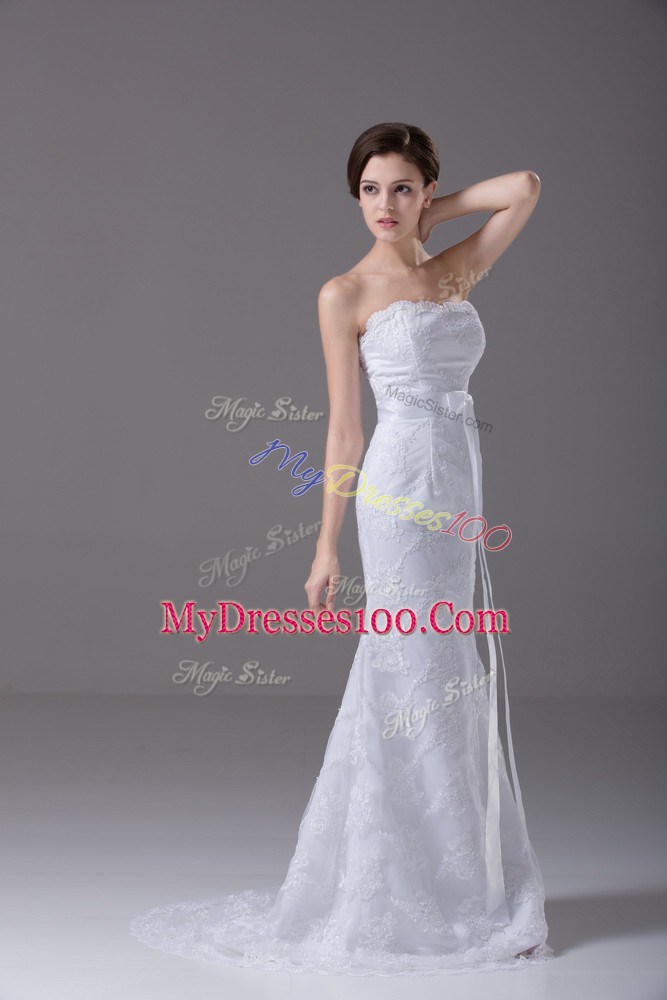 Tulle Sleeveless Wedding Dress Brush Train and Lace and Belt