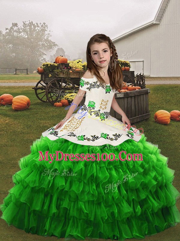 Sleeveless Embroidery and Ruffled Layers Lace Up Kids Formal Wear