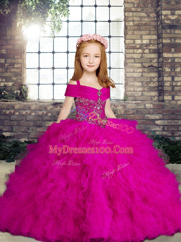 Latest Fuchsia Straps Neckline Beading and Ruffles Little Girl Pageant Gowns Sleeveless Lace Up