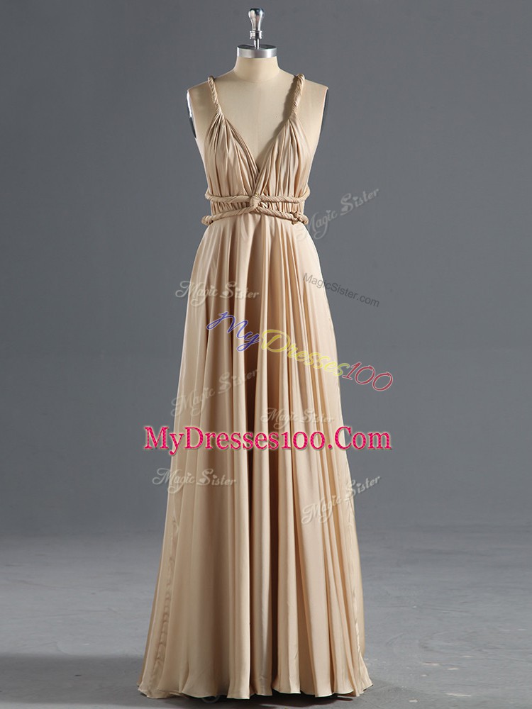 Great Champagne Empire Chiffon Straps Sleeveless Ruching Floor Length Criss Cross Prom Gown