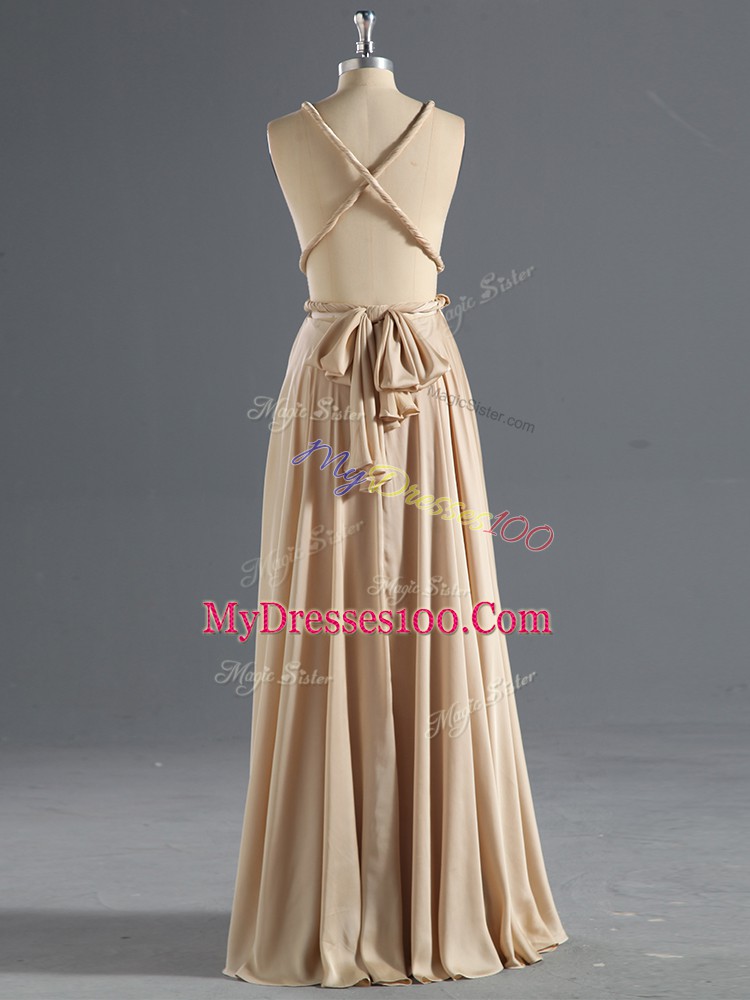 Great Champagne Empire Chiffon Straps Sleeveless Ruching Floor Length Criss Cross Prom Gown