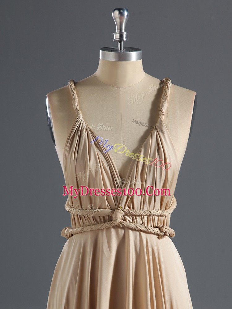 Great Champagne Empire Chiffon Straps Sleeveless Ruching Floor Length Criss Cross Prom Gown