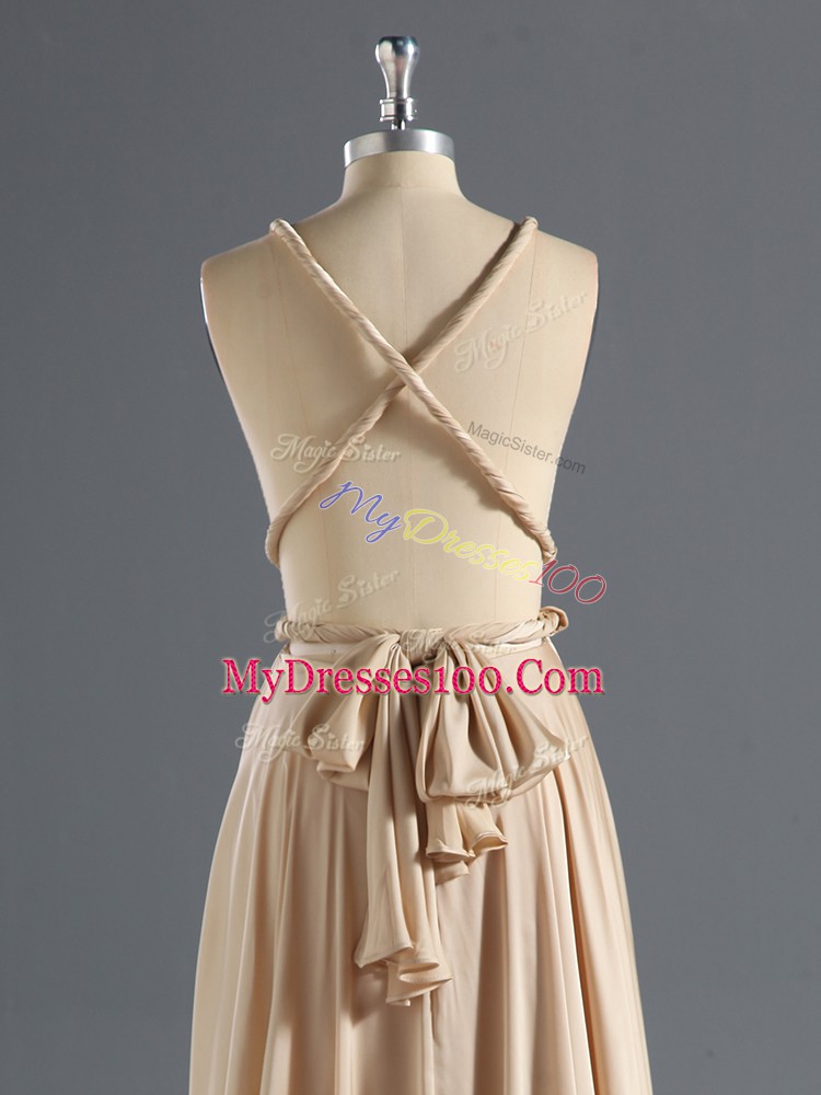 Great Champagne Empire Chiffon Straps Sleeveless Ruching Floor Length Criss Cross Prom Gown