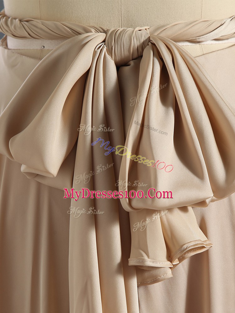 Great Champagne Empire Chiffon Straps Sleeveless Ruching Floor Length Criss Cross Prom Gown