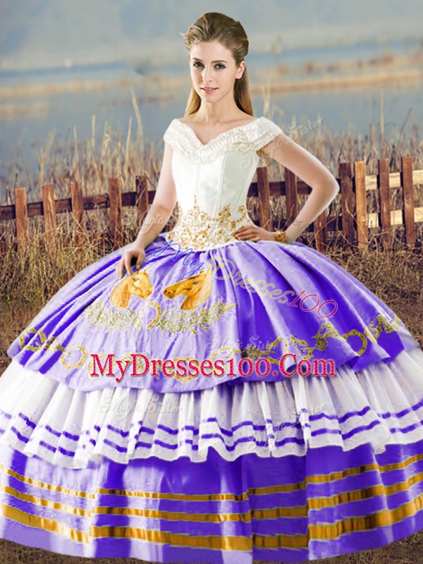 White And Purple Sleeveless Floor Length Embroidery and Ruffled Layers Lace Up Quinceanera Dresses