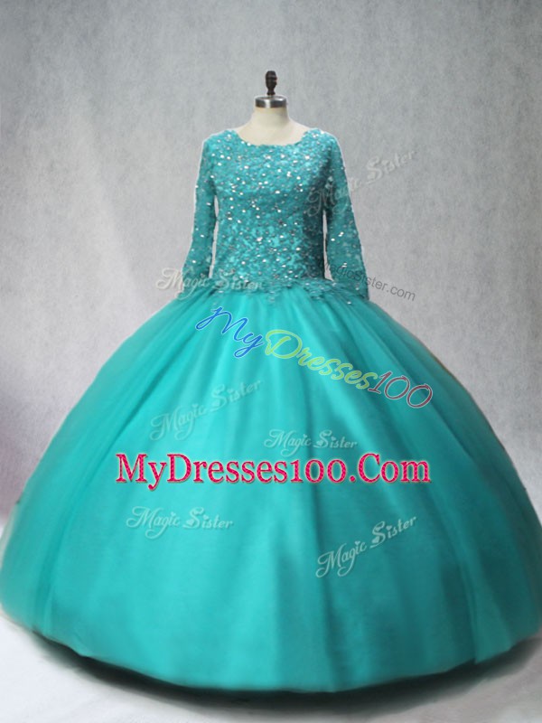 Beauteous Turquoise Lace Up Quinceanera Gown Beading Long Sleeves Floor Length