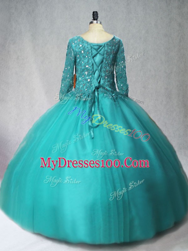 Beauteous Turquoise Lace Up Quinceanera Gown Beading Long Sleeves Floor Length