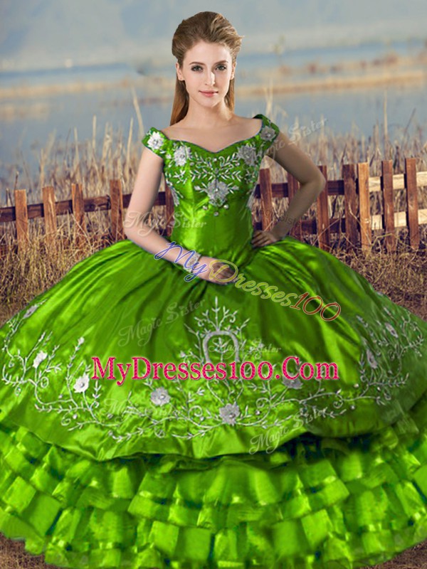 Dazzling Green Ball Gowns Satin Off The Shoulder Sleeveless Embroidery and Ruffled Layers Floor Length Lace Up Ball Gown Prom Dress