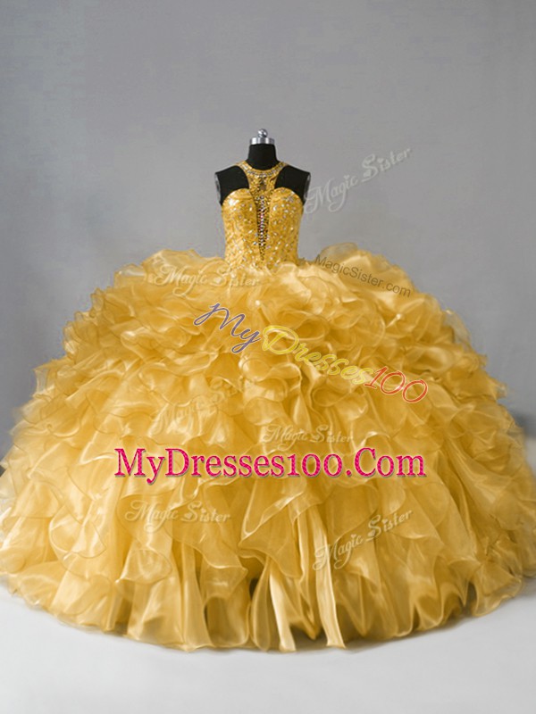 High End Floor Length Gold Quinceanera Dress High-neck Sleeveless Zipper